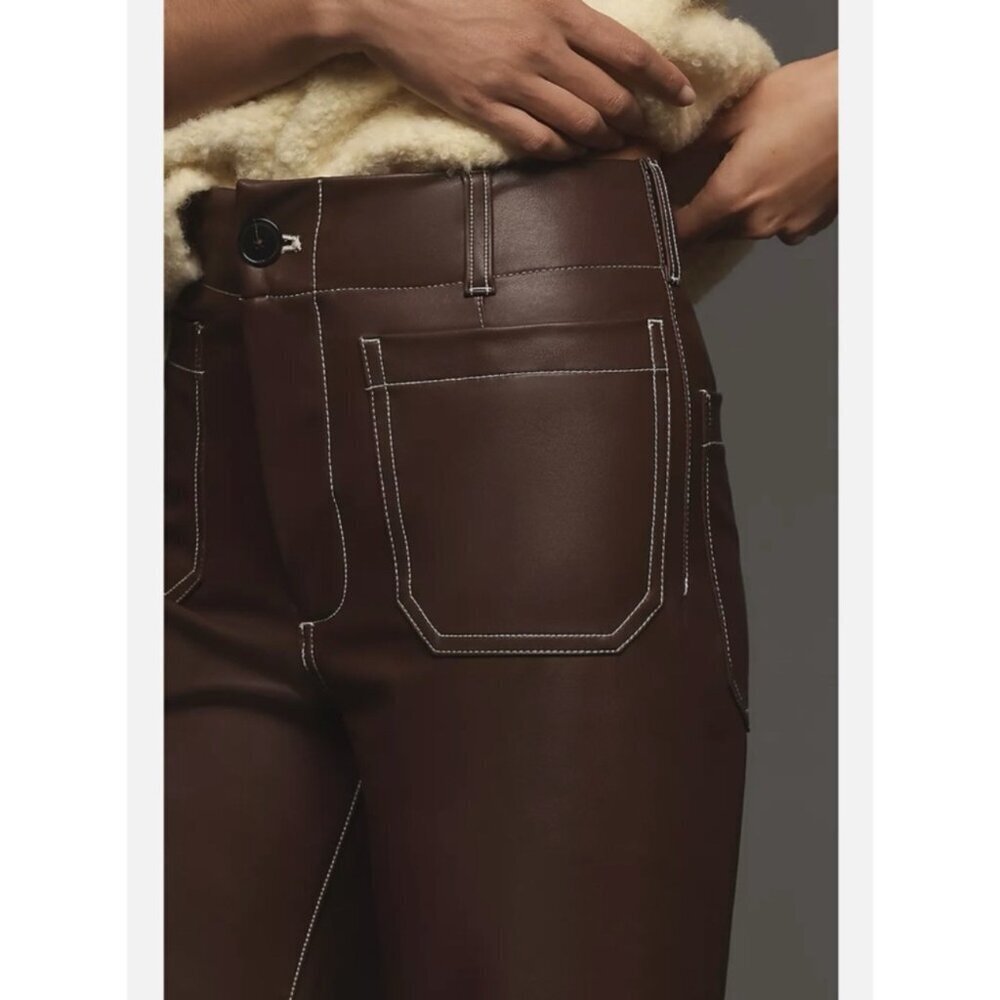 Anthropologie Maeve Colette Faux Leather Wide Leg Pants Brown Contrast 33